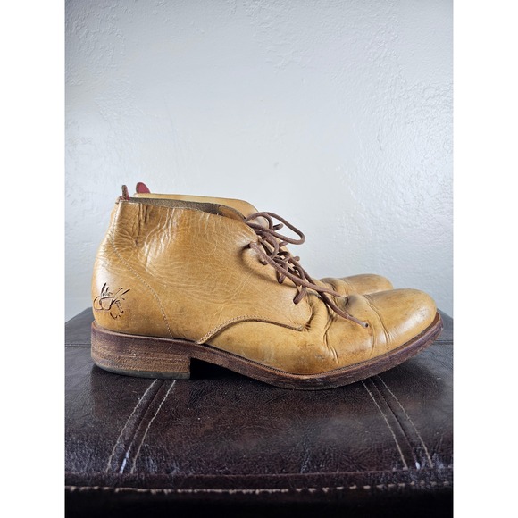 John Fluevog Yellow Camel Tan Lace Leather Preppy Honor is Strength Boots sz 8